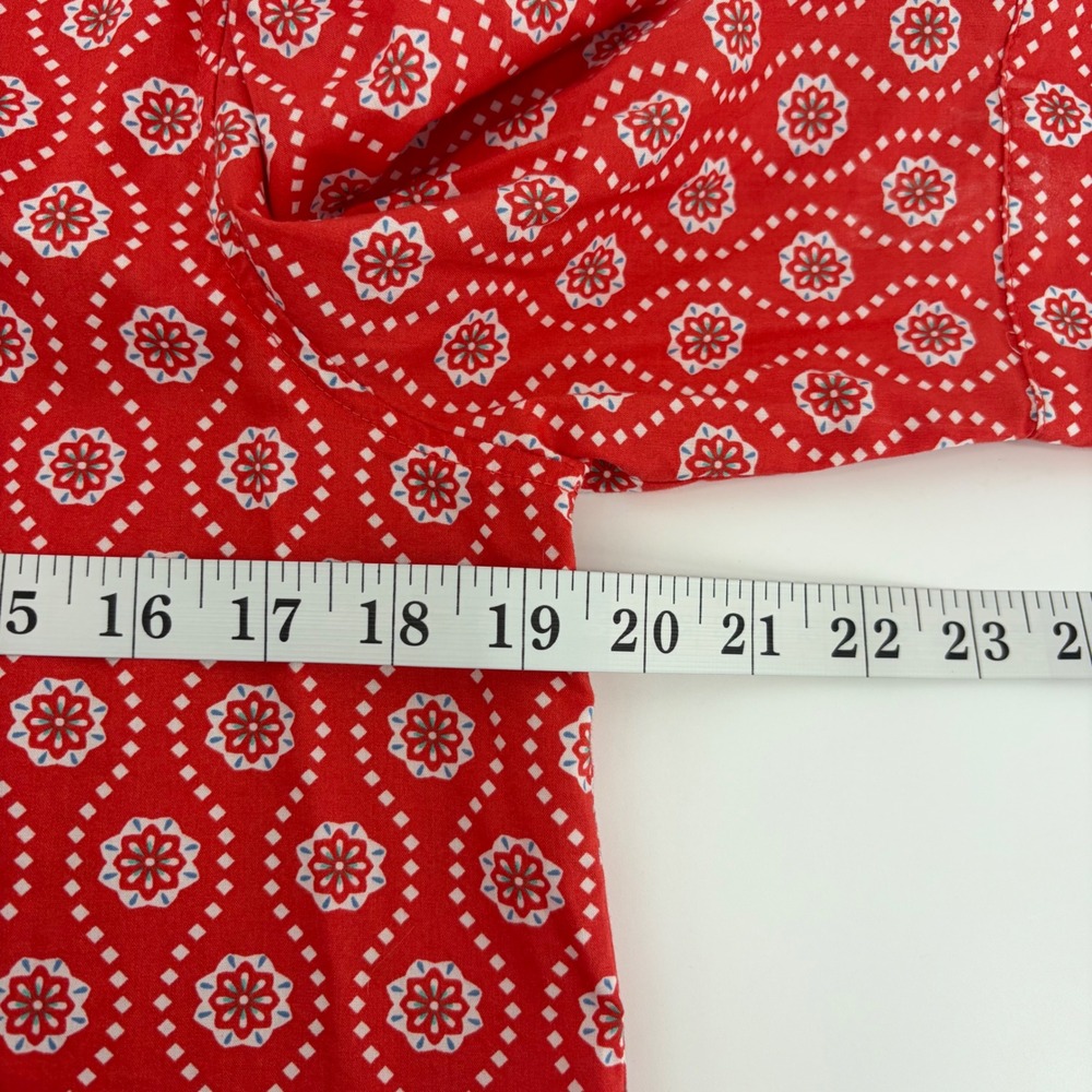 LOFT Womens Small Red White Blouse Geometric Floral Band Collar Elbow Sleeve - Picture 5 of 6